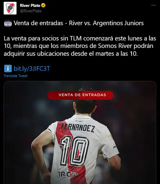 River anunció la venta de entradas en el primer partido como local del año. (Twitter: @RiverPlate)
River Argentinos Juniors equipo Mammana